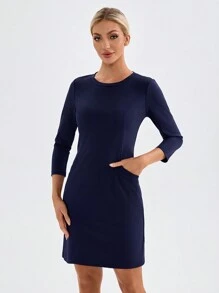 TaskEZ Vestido de trabajo casual con cuello redondo, mangas de 3/4 y dos bolsillos, unicolor para mujer
