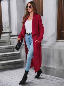 SHEIN LUNE Rust Red Long Sleeve Lapel Maxi Knitted Cardigan With Pockets, Suitable For Commute And Casual Wear - Rust Brown - View 4