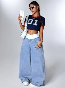 SHEIN EZwear 女式休闲撞色腰带阔腿牛仔裤 - 藍色 - 查看 4