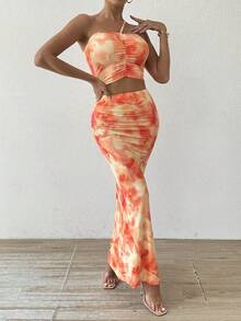 Allurite 2 件女士水彩印花露肩上衣和裙子套装 - 彩色 - 查看 4