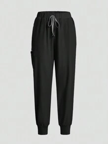 TaskEZ Conjunto de uniforme de pantalón y top de manga corta de unicolor - Negro - Ver 3