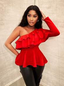 Zolique Blusa de un hombro con manga larga, detalles de volantes y unicolor, primavera y verano para mujeres - Rojo - Ver 1