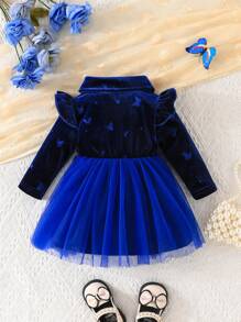 Baby Girl Ruffle Trim Bow Tie Mesh Casual Outdoor Long Sleeve Dress, Spring Autumn - Blue - View 2