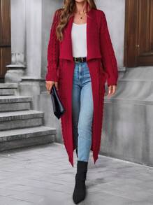 SHEIN LUNE Rust Red Long Sleeve Lapel Maxi Knitted Cardigan With Pockets, Suitable For Commute And Casual Wear - Rust Brown - View 1