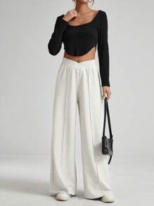 SHEIN Essnce Plush Plush Warm Black V-Waist Elastic Pants Plush Pants For Women Solid Color Asymmetric Waist Toothpick Striped Wide-Leg Loose Pants