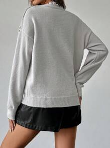 SHEIN LUNE Pull décontracté à col rond avec décoration de perles de faux-perles, printemps et automne, tricot pull automne hiver - Gris pâle - Voir 2