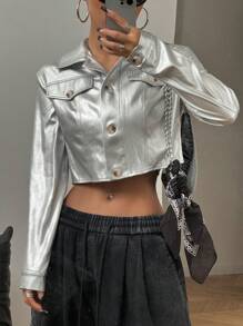 StreetHx Women Metal Silver Cropped Jacket - Silver - View 5