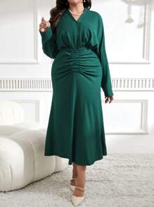Modelyn Plus Size Women's V-Neck Long Batwing Sleeve Ruched Fishtail Hem Elegant Dress, Spring And Summer - Green - View 6