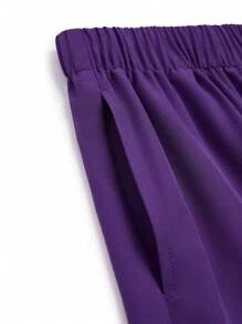 TaskEZ Plus Size Solid Color V-Neck With Pockets Short Sleeve Top And Pants Uniform Scrub Set - Purple - View 13