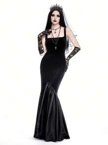 ROMWE Goth Vestido de fiesta gótico largo, sexy, sin espalda, estilo trompeta sirena, vestido de bola para mujer - Negro - Ver 3