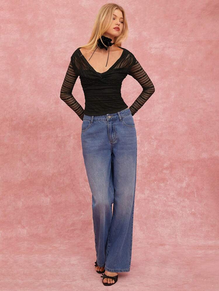 Blouse en maille à col V profond, manches longues et design à volants pour femmes