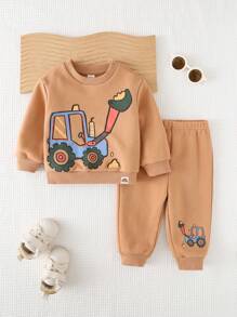 Cozy Pixies 2 Chiếc Xe Đẩy Hoạt Hình Bé Trai Họa Tiết Dệt Kim Mềm Raglan Tay Áo Và Bộ Quần Có Còng - màu nâu - Xem 21