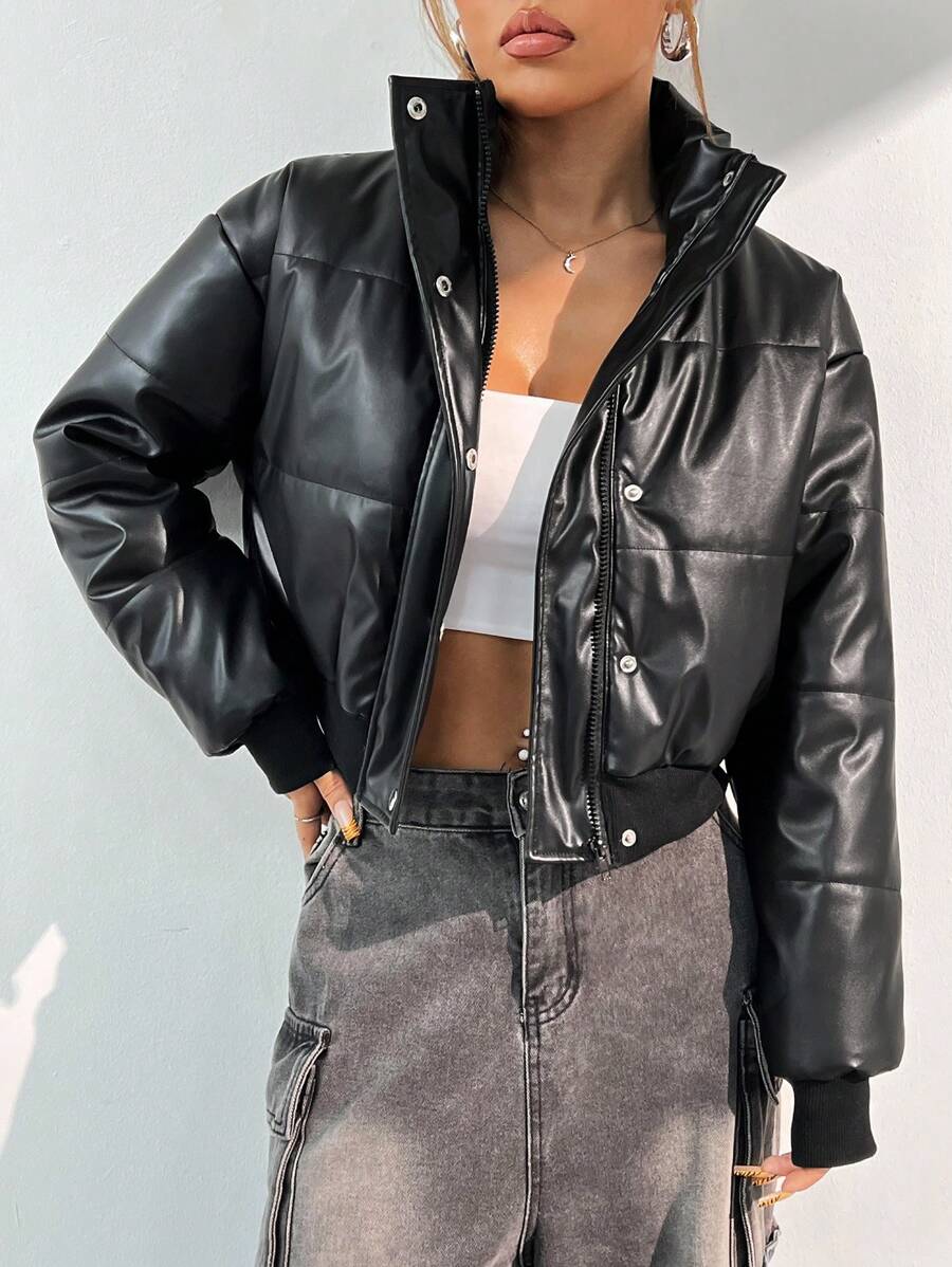 Muchica PU 立领纯色拉链短款夹棉大衣，秋冬款 - 黑色 - 查看 1