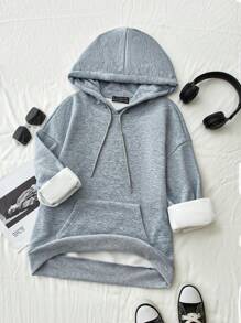 Chiquease Solid Color Pullover Hoodie With Drawstring Pouch Pocket & Thermal Lined For Women Fall - Grey - View 5