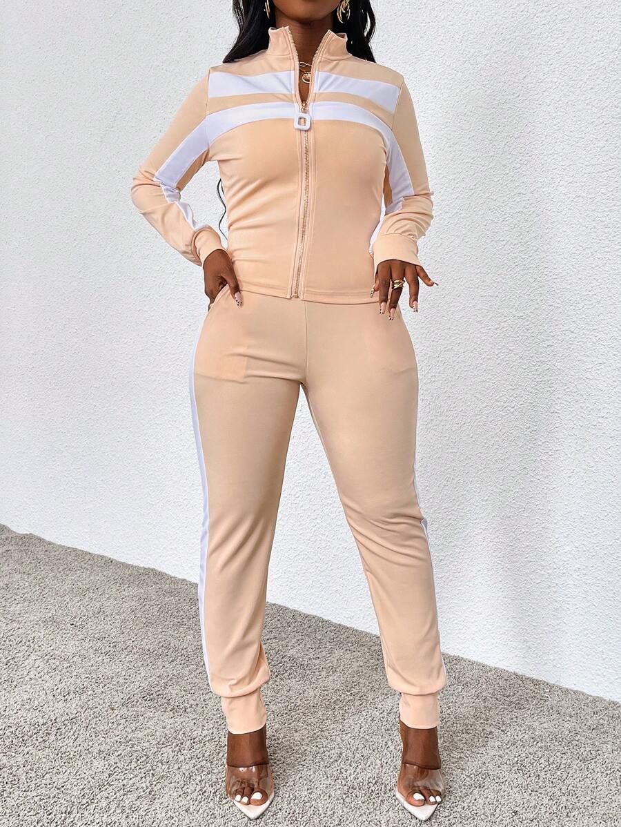 Zolique 2 件女式撞色长袖上衣和裤子套装 - 杏色 - 查看 1