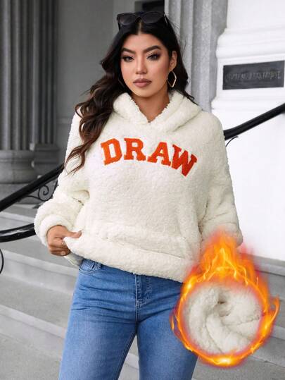 Calvaya Plus Size Long Sleeve Hooded Sweatshirt With Letter Print And Pocket, Casual Daily Wear Pullover Fall Outfit