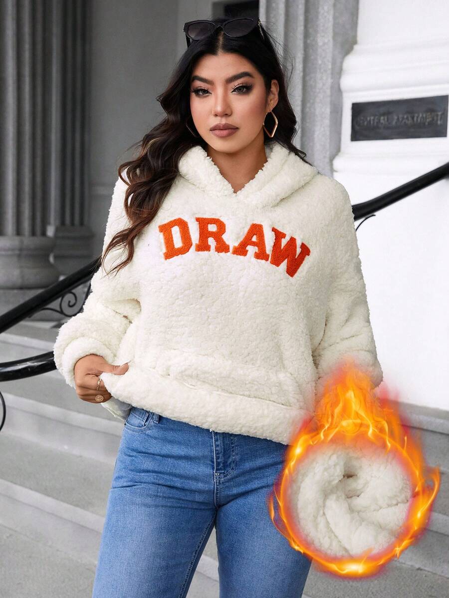 Calvaya Plus Size Long Sleeve Hooded Sweatshirt With Letter Print And Pocket, Casual Daily Wear Pullover Fall Outfit