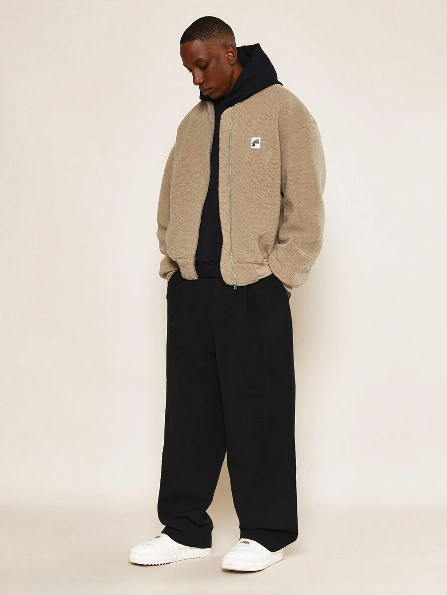 SUMWON Cozy Sherpa Bomber Jacket Fuzzy Teddy Fleece Winter Outerwear Zip Up Casual Urban Streetwear Plush Comfortable Warm Soft Daily Wear - Khaki - View 1