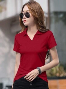 INAWLY Women's Short Sleeve Fitted Elegant Charming Graceful Fashionable T-Shirt - Red - View 3