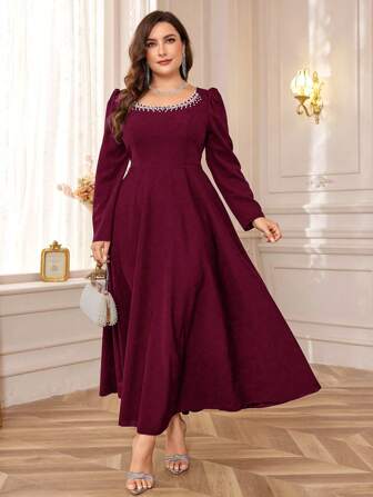 SHEIN Belle Burgundy Red Plus Size Women's Evening Gown With Round Bead Collar Decoration (Heavily Decor) Party Dress Wedding Guest Dress Prom Dress