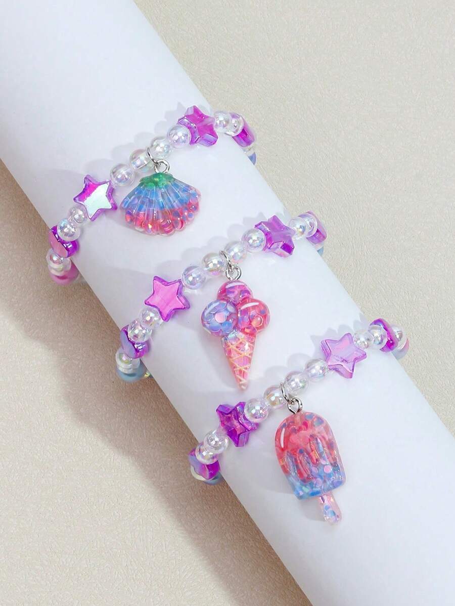 3pcs Girls Star & Ice Cream Charm Beaded Bracelet - Multicolor - View 1