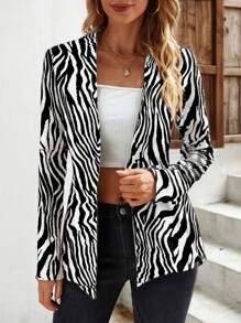 SHEIN Clasi Blazers largos con estampado de cebra elegante y moderno para mujer con mangas largas - Blanco y Negro - Ver 1