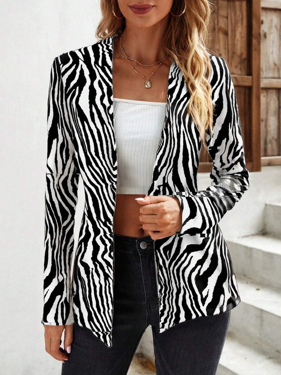 SHEIN Clasi Blazers largos con estampado de cebra elegante y moderno para mujer con mangas largas - Blanco y Negro - Ver 1