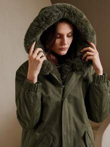 Anewsta Abrigo acolchado con cuello de piel gruesa y capucha, de largo medio y versátil - Verde militar - Ver 6