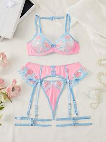 6pcs/Set Mesh Embroidery Women Sexy Bra Underwire Lingerie - Multicolor - View 5