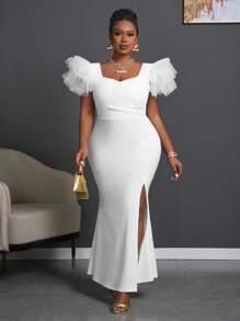 Slaydiva Elegant White V-Neck High Slit Dress With Mesh Sleeve Detail, Evening Gown - Plus Size - White - View 3