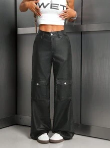 Fashionable Coated Pocket Casual Cargo Straight Pants Fall Cloth For Women - Black - View 3