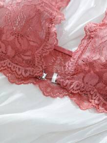 SHEIN 女士纯色蕾丝贝壳边内衣套装 - 粉色 - 查看 3