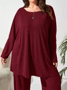 EMERY ROSE Plus Size Women's Solid Color Batwing Sleeve Top And Pants Casual 2 Pieces Set, Spring Summer - Burgundy - View 5