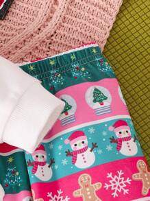 Bộ trang phục Giáng sinh 2 món cho bé gái, áo trắng in hình ông già Noel và quần dệt kim rộng rãi họa tiết, thường ngày mùa đông - Nhiều màu - Xem 5