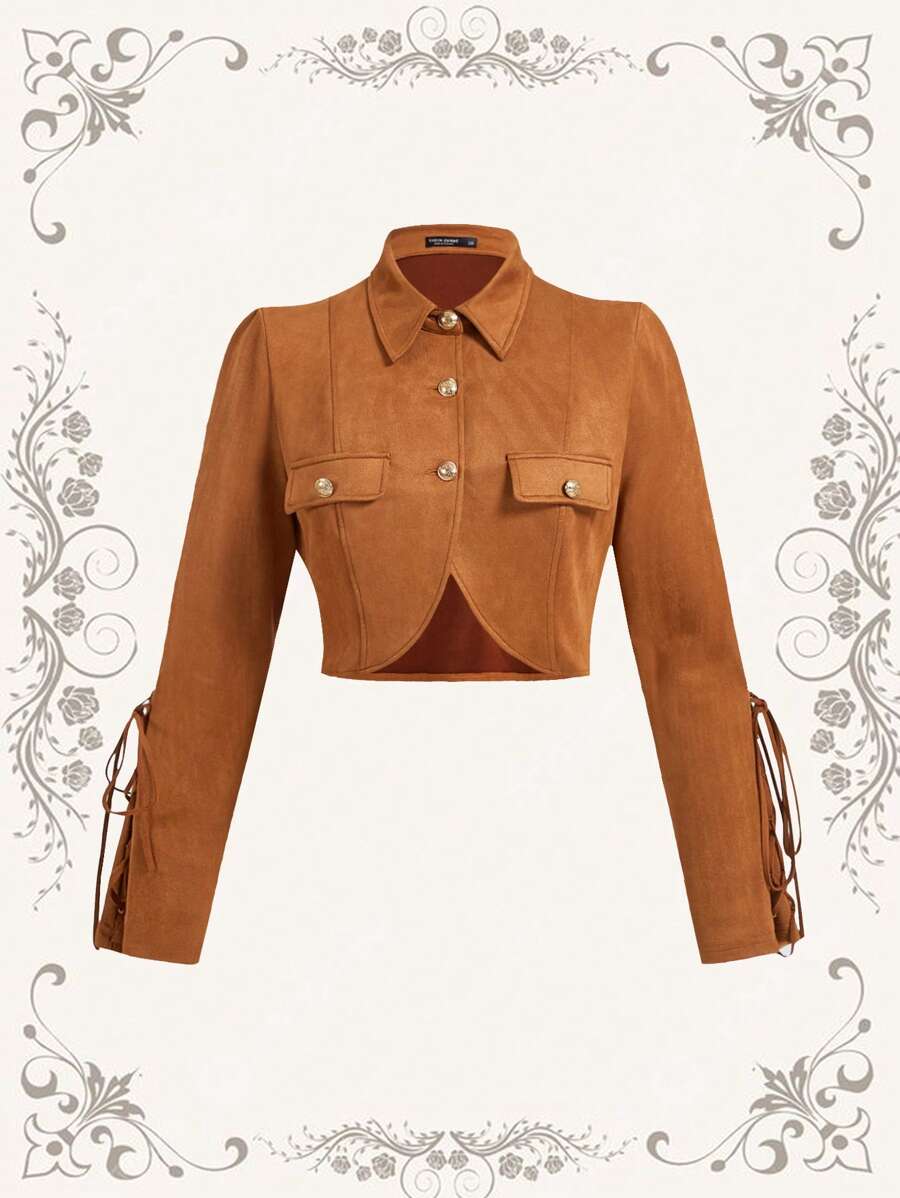 SHEIN MOD Áo khoác da lộn ngắn có dây buộc kiểu du mục Plus Size Vintage - màu nâu - Xem 1