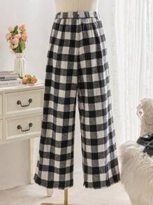 Dreamara Pantalones anchos de pierna ancha de cuadros blanco y negro con doble cintura para mujer talla grande de vacaciones - Multicolor - Ver 2