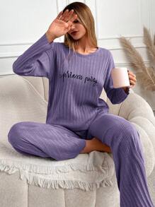 RueChic Ensemble de pyjama 100% coton pour femmes avec impression de lettre, manches longues - Lilas - Voir 4