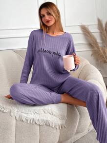 RueChic Ensemble de pyjama 100% coton pour femmes avec impression de lettre, manches longues - Lilas - Voir 5