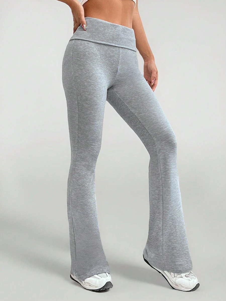 SHEIN Tall 女士纯色喇叭紧身裤 折叠紧身裤 弹力喇叭裤 瑜伽裤 Y2k 慢跑裤 - 灰色 - 查看 1