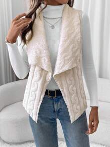 SHEIN LUNE Oversized Collar, Asymmetrically Hemmed, S-Shaped Ribbed Texture Reversible Sleeveless Women's Casual Jacket - Apricot - View 3