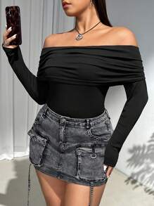 SHEIN EZwear Áo trễ vai màu đen cỡ lớn cho nữ, Thu/Đông - màu đen - Xem 1