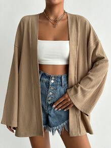 SHEIN Cottnline 女士宽松纯色长袖编织休闲和服罩衫，适合夏季海滩度假 - 米色 - 查看 1