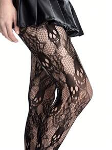 ROMWE Goth 1 pieza Medias/Pantys/Medias de red sexy con diseño de rosa y calavera para mujeres