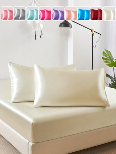 2pcs Beige Silky Satin Solid Color Pillowcase, Soft Pillow Cover With Envelope Closure For Bedroom Wrink-Free Better For Hair Skin Sleep, Pillow Covers Without Filling For Bedroom, Bedding Supplies Ultra Soft And Breathable, No Filler, Machine Washable