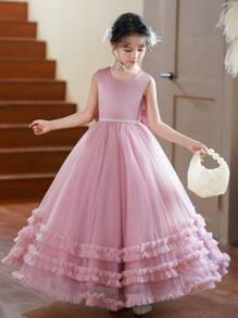 SHEIN Tween Girls' Luxury Fashion Chiffon Dress, Elegant Princess Style Dress Ball Gown For Piano Performance And Hosts - Pink - View 7