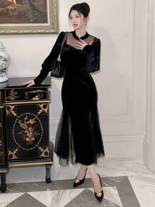 DAZY Váy dài tay dài viền đuôi cá bằng vải voan thanh lịch dành cho nữ, mùa xuân/thu, sinh nhật, tiệc dạ hội đêm giao thừa - màu đen - Xem 1