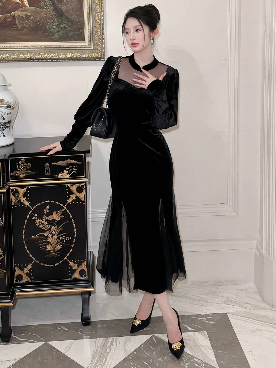 DAZY Váy dài tay dài viền đuôi cá bằng vải voan thanh lịch dành cho nữ, mùa xuân/thu, sinh nhật, tiệc dạ hội đêm giao thừa - màu đen - Xem 1
