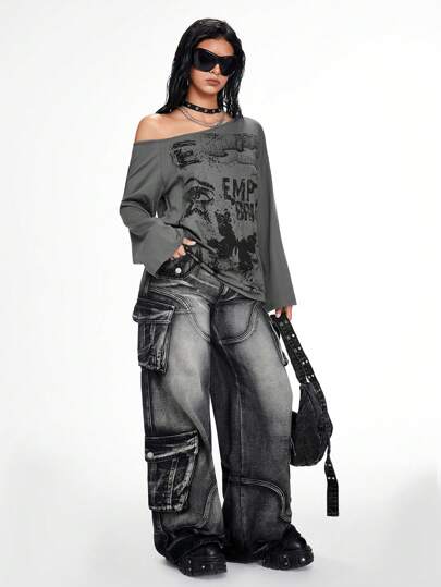 Grunge Punk Camiseta holgada asimétrica con estampado de letra y ojo elemento punk de la tierra baldía para mujer