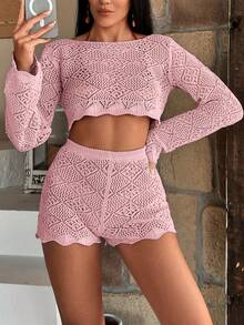 RueChic Hollow Out Cover Up Set, For Summer Beach Vacation - Pink - View 6