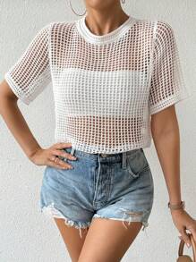 SHEIN Unity Solid Color Crew Neck Short Sleeve Hollow Out Sheer Casual Knit Top - Beige - View 5